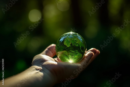 Hand holding a glass sphere