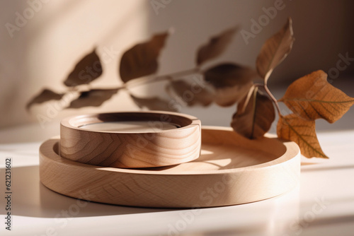 Two Minimal Modern Wooden round tray podium on white glossy table counter in sunlight