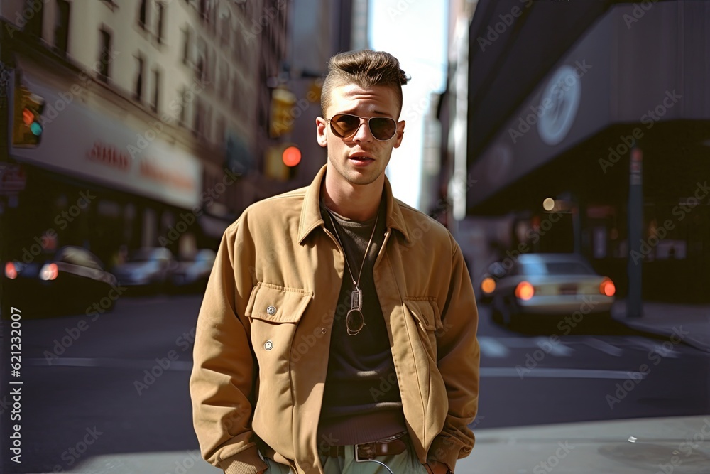 Handsome young man in a fashionable beige coat and sunglasses on the city street, portrait, vintage photorelism. Generative AI. Handsome young man in a fashionable beige coat and sunglasses on the city street, portrait, vintage photorelism. Generative AI.