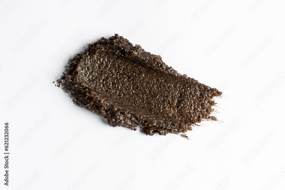 A smudge swatch smear of coffee scrub for body care. Product presentation. Cosmetic close up A smudge swatch smear of coffee scrub for body care. Product presentation. Cosmetic close up