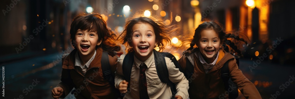 Schoolchildren With A Schoolbag Happily Running To School Background With A Vibrant Cityscape At Night With Illuminated Skyscrapers And Bustling Streets. Generative AI