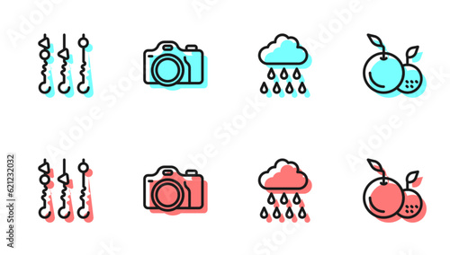 Set line Cloud with rain, Grilled shish kebab on skewer, Photo camera and Fruit icon. Vector