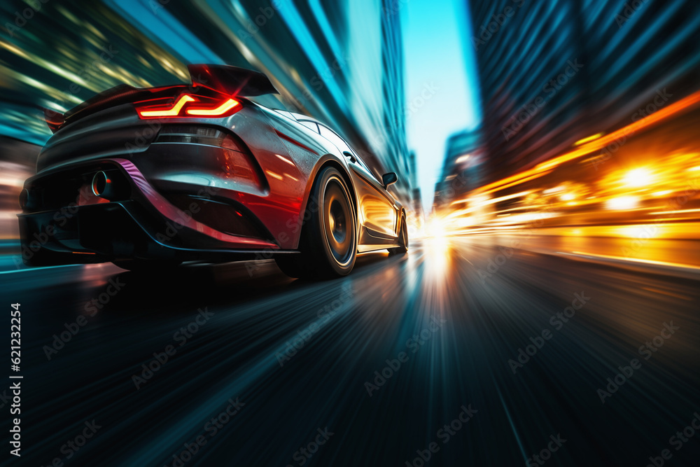 car drives fast through the big city. speed concept. Generative AI