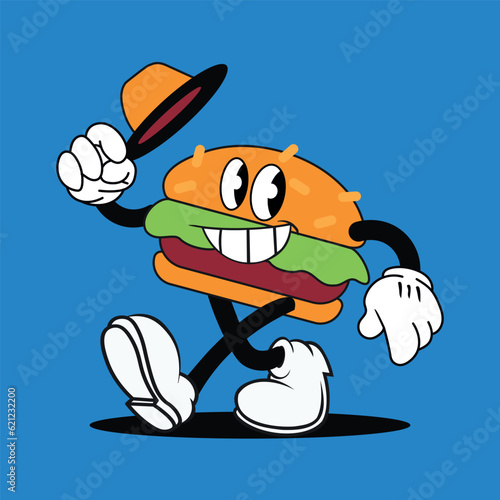 Cheeseburger mascot, fast food logo, flat vintage cartoon design, vector illustration