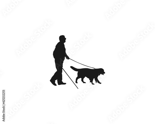 Old man blind with guide dog walking. Dog guide silhouette old man holding pet by cane thin stick vector illustration isolated on white. Vector black flat icon isolated on white background.