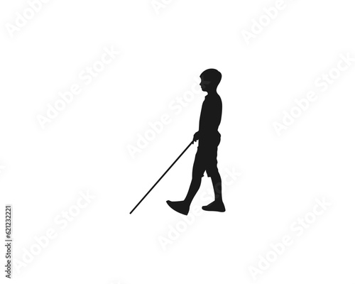 Silhouette of man walking with a cane.blind man is walking on the street with his stick.Young man was crossing the road with the help of his cane. black flat icon isolated on white background.