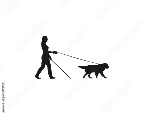 Old woman blind with guide dog walking. Dog guide silhouette old woman holding pet by cane thin stick vector illustration isolated on white. Vector black flat icon isolated on white background.