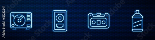 Set line Retro audio cassette tape, Vinyl player with vinyl disk, CD award frame and Paint spray can. Glowing neon icon on brick wall. Vector