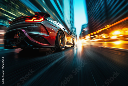 car drives fast through the big city. speed concept. Generative AI