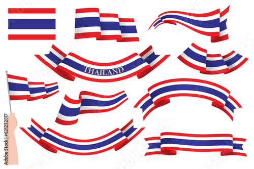 Collection set of Thai Flag Ribbon waving isolated vector, Thailand