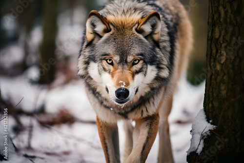 a grey wolf stands in the snow 