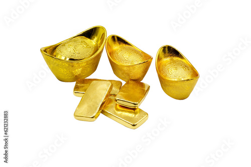Traditional chinese gold ingots or bullion nugget with 4 chinese words Zhao Cai Jin Bao mean wish you wealth and success with gold bars in png format