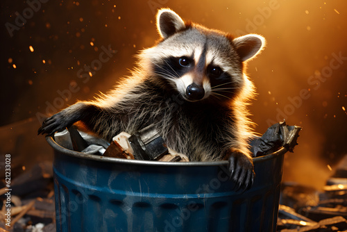  raccoon on a metal trash can