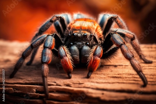 spider on a wooden surface in macro view. Generative AI