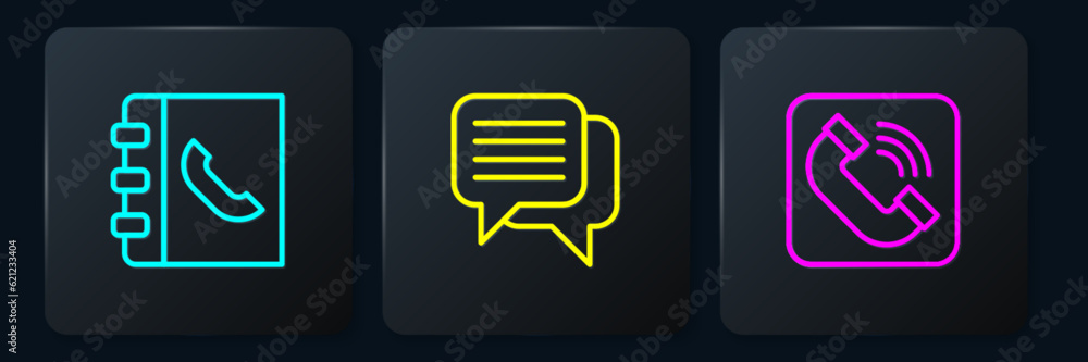 Set line Phone book, Telephone handset and Speech bubble chat. Black square button. Vector Set line Phone book, Telephone handset and Speech bubble chat. Black square button. Vector