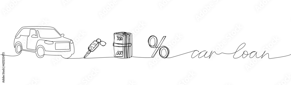 Car loan, money, car, keys, credit, interest rate one line art. Continuous line drawing of bank, financial, payment, data, economic, wealth credit with an inscription, lettering, handwritten.