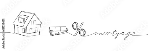 Mortgage, money, home, house, interest rate one line art. Continuous line drawing of bank, financial, payment, data, economic, wealth credit with an inscription, lettering, handwritten.