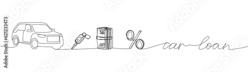 Car loan, money, car, keys, credit, interest rate one line art. Continuous line drawing of bank, financial, payment, data, economic, wealth credit with an inscription, lettering, handwritten.