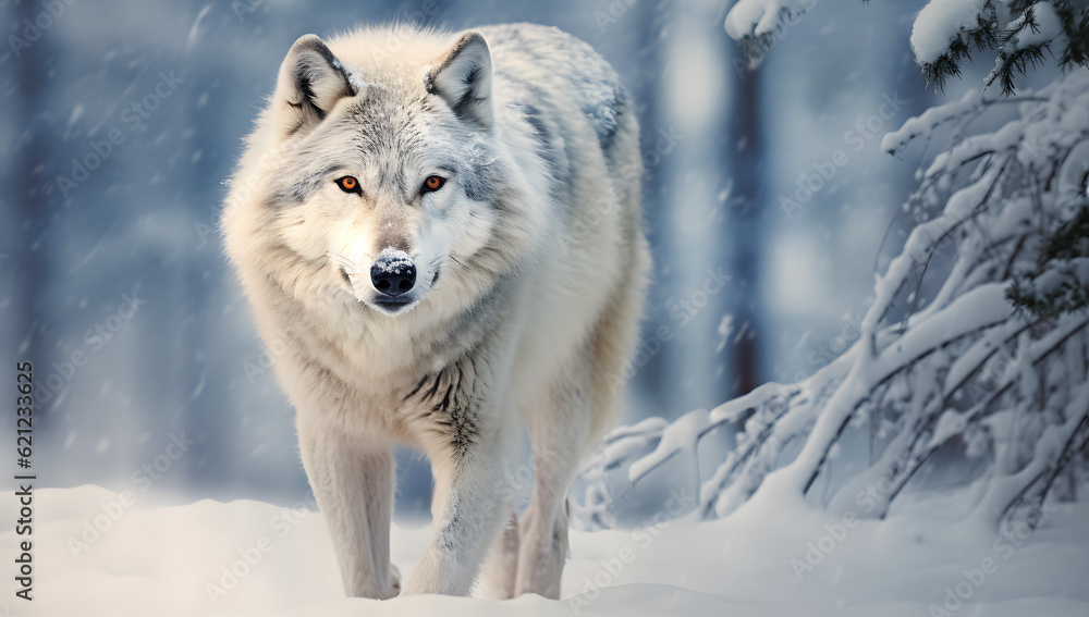 white wolf in snow background