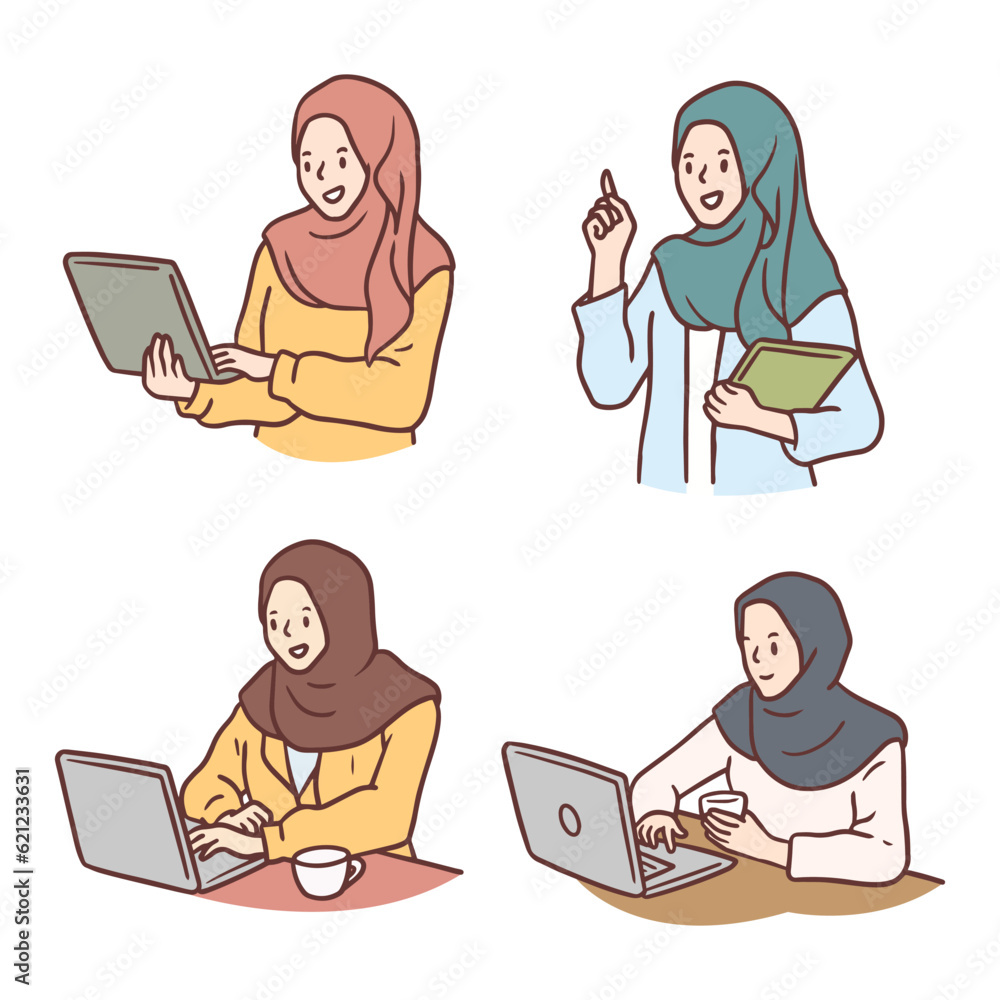 Set of Business Woman in Hijab Hand drawn Style Set of Business Woman in Hijab Hand drawn Style