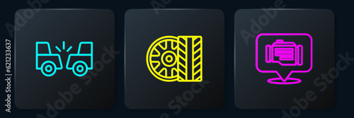 Set line Car accident, Check engine and tire wheel. Black square button. Vector
