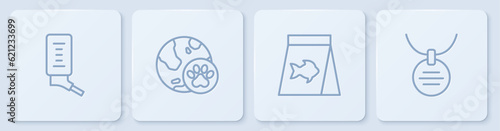 Set line Drinker for small pets, Food fish, World and Collar with name tag. White square button. Vector