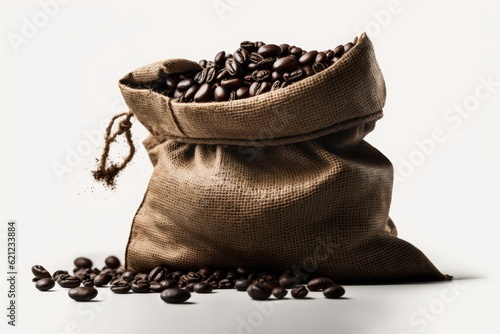bag of freshly roasted coffee beans on a clean white background. Generative AI photo