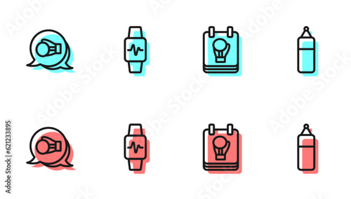 Set line Boxing glove, Smart watch with heart and Punching bag icon. Vector
