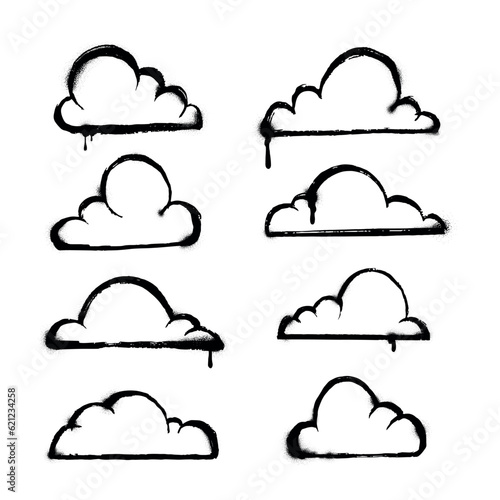 Urban style graffiti clouds collection set sprayed with leak and splashes. Vector hand drawn textured illustration on white background for banner, decoration, tatoo, street art, halloween eps 10