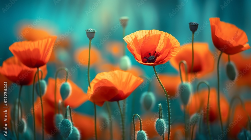 Fototapeta premium Blooming red poppies in a field in spring in nature on a turquoise background with soft focus, macro Generative AI