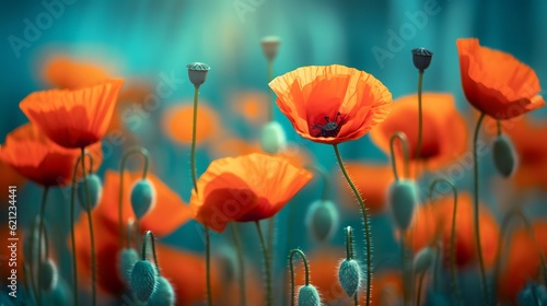 Blooming red poppies in a field in spring in nature on a turquoise background with soft focus, macro Generative AI