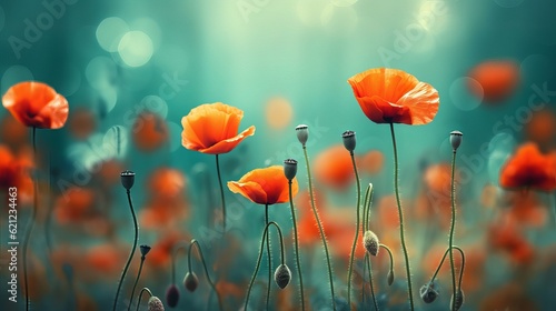 Blooming red poppies in a field in spring in nature on a turquoise background with soft focus  macro Generative AI