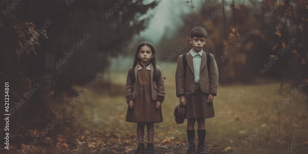 Generative AI. Back to school concept. Unhappy students boy and girl don't want to go to school.  