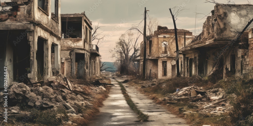 Generative AI. Walk through the Dead City. post apocalypse 3d concept illustration