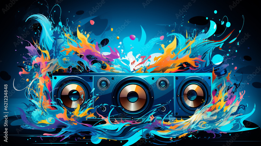 Sound Multimedia Soundsystem Hifi Audio Soundbox Lautsprecher Membran abstrakt cyan blau Style im Querformat. Generative Ai. Sound Multimedia Soundsystem Hifi Audio Soundbox Lautsprecher Membran abstrakt cyan blau Style im Querformat. Generative Ai.