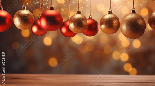 Generative AI Minimalistic Christmas and New Year banner with Christmas decorations and copy space. A greeting card with red and gold balls and a bokeh from a garland.