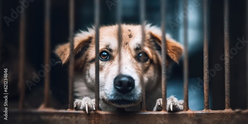  Generative AI. Stray animals concept. Homeless animals in the shelter. Stray sad dog in the cage in the shelter. 