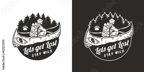 Kayaking sport print. Rafting on kayak on the river among the mountains