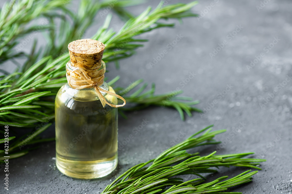 Glass bottle of essential rosemary oil with rosemary branch on rustic background. herbal oil concept, Rosmarinus Officinalis Glass bottle of essential rosemary oil with rosemary branch on rustic background. herbal oil concept, Rosmarinus Officinalis