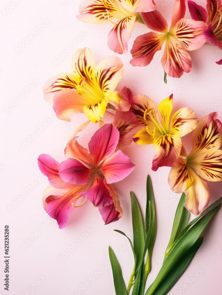 Fototapeta premium Alstroemeria (peruvian lily) flowers on a pink background. Wedding, mother's day, women's day concept. Floral web banner.