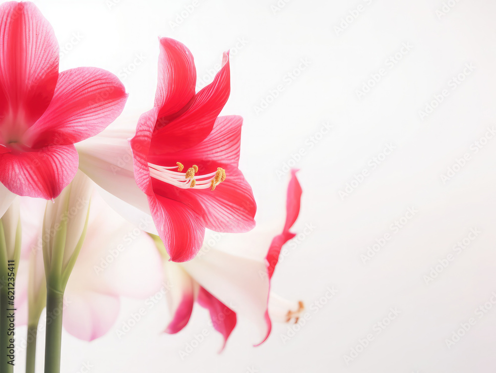 Amaryllis (belladonna lily) flowers on a white background with copy space. Floral web banner. Mother's day, wedding day, women day concept. 
