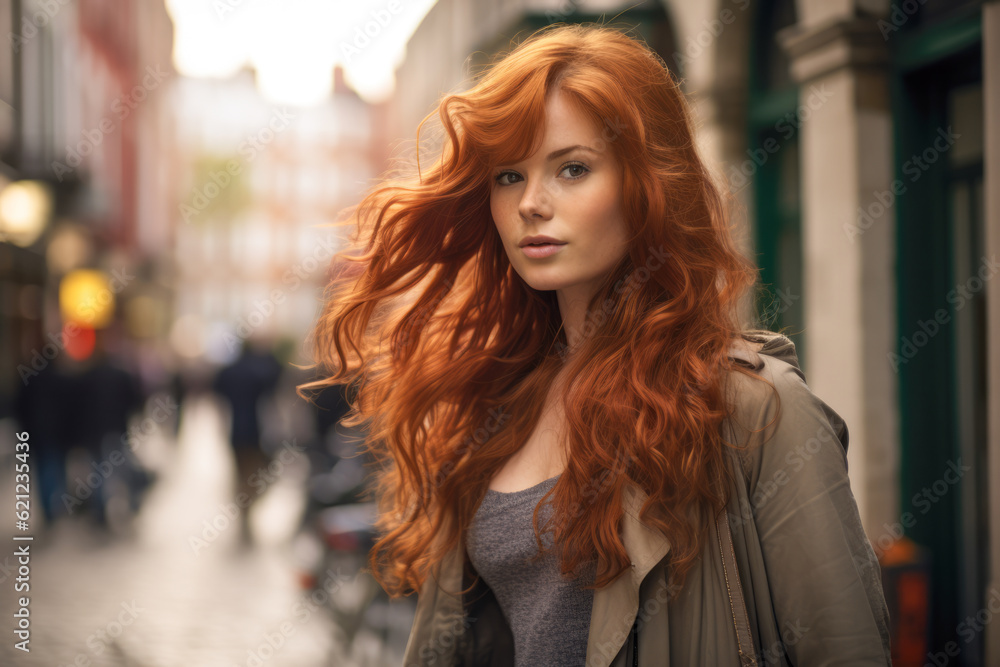 Close up of a redhead young woman with a city scene background. Generative AI Close up of a redhead young woman with a city scene background. Generative AI