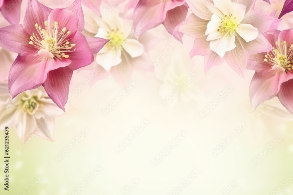Pink quilegia flowers (common columbine) background with copy space. Floral web banner. Mother's day, wedding day, women day concept. 