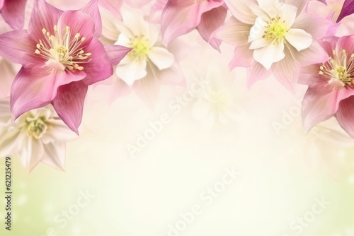 Pink quilegia flowers (common columbine) background with copy space. Floral web banner. Mother's day, wedding day, women day concept. 
