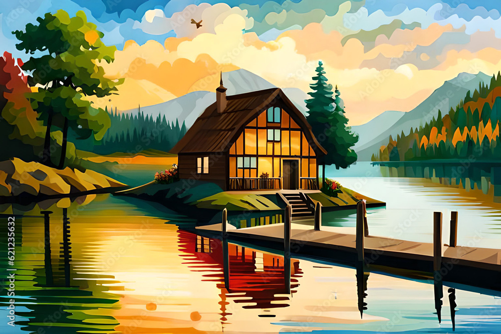 Fototapeta premium Lake House landscape. AI generated illustration
