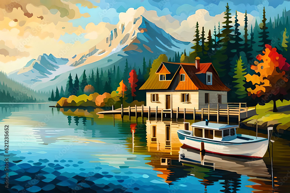Fototapeta premium Lake House landscape. AI generated illustration