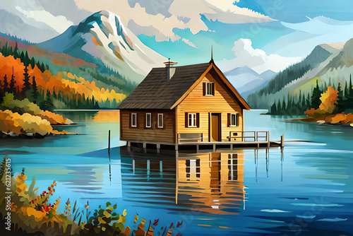 Lake House landscape. AI generated illustration © vector_master