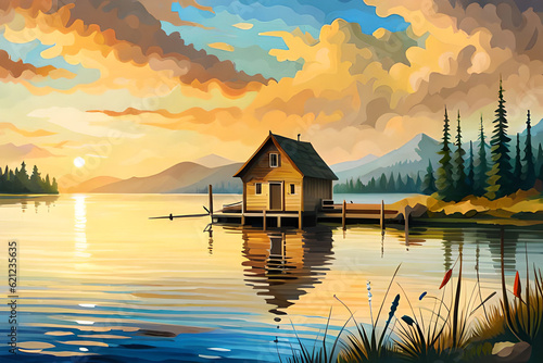 Lake House landscape. AI generated illustration