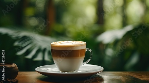 Cup of Coffe, Background of a Jungle, of the Nature. Generative AI.