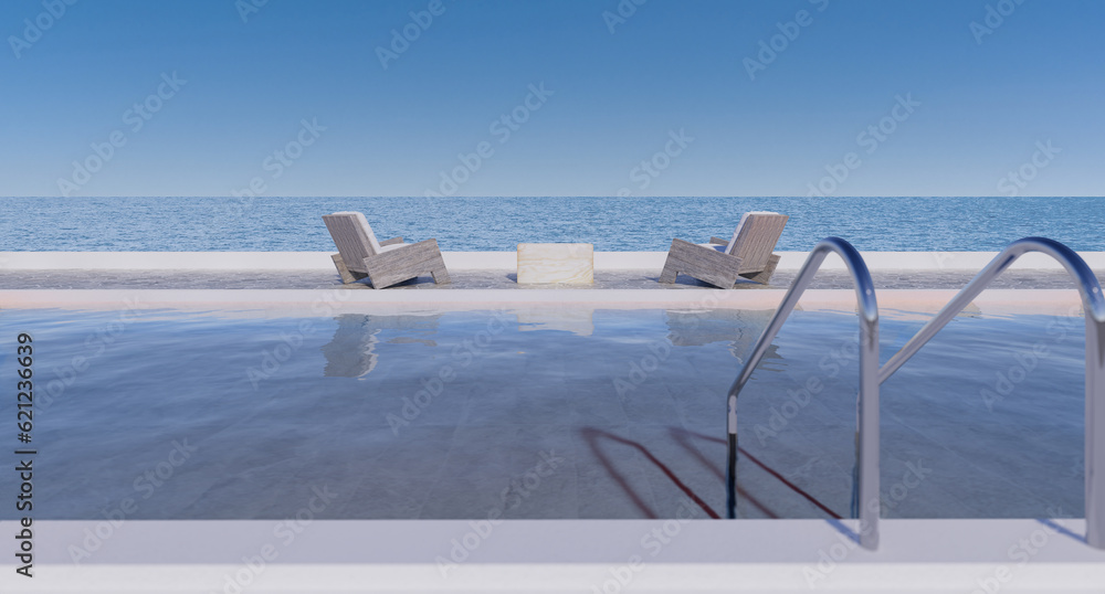 Fototapeta premium View of empty mediterranean sea in Greece during their summer holidays swimming pool beach house Hotel Resort on only two wooden chair 3d rendering with sea views.